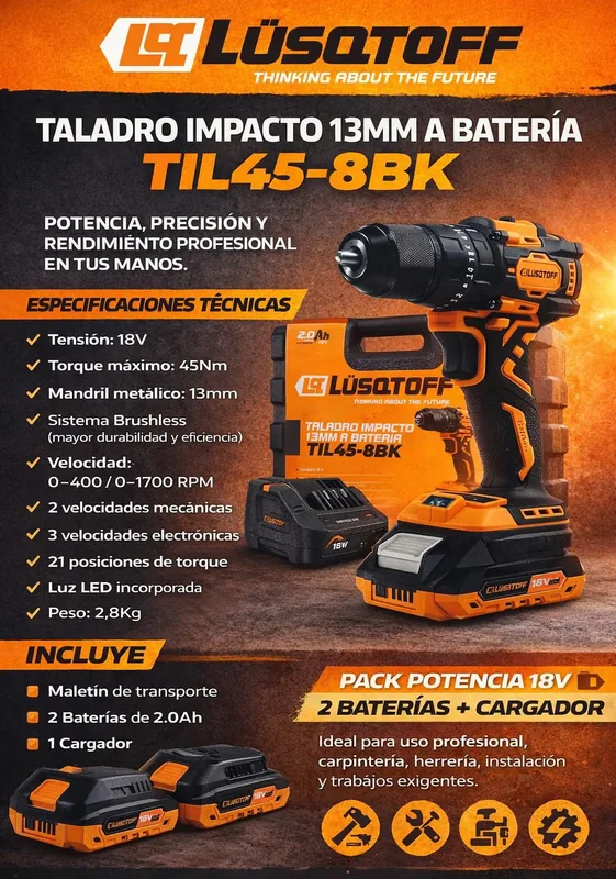 artículo de TALADRO DE IMPACTO 13MM A BATERIA LUSQTOFF - 18 W