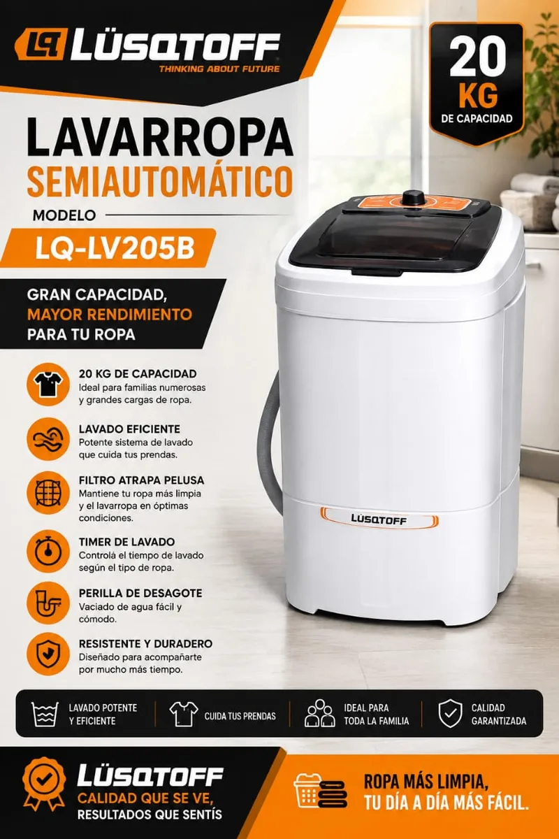 LAVARROPA SEMIAUTOMATICO 20 KG DE CAPACIDAD LUSQTOFF MODELO LQ-LV205B