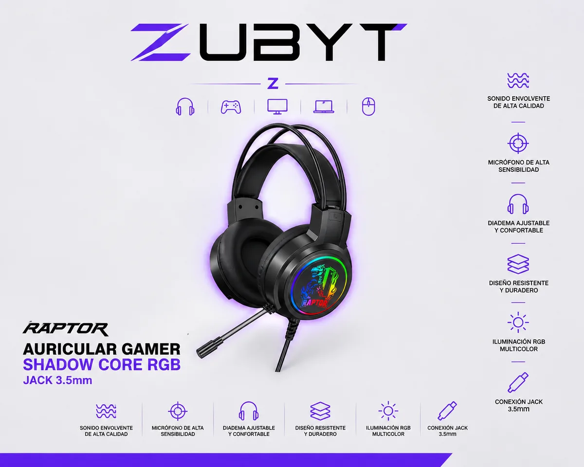 Auricular Gamer Raptor Shadow Core RGB Jack 3.5mm