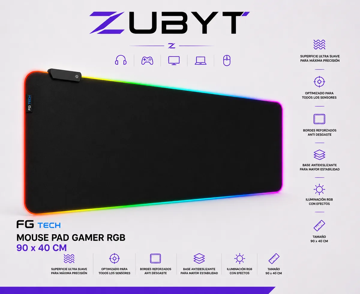 Mouse Pad luz RGB Antideslizante 90x40 Cm Negro