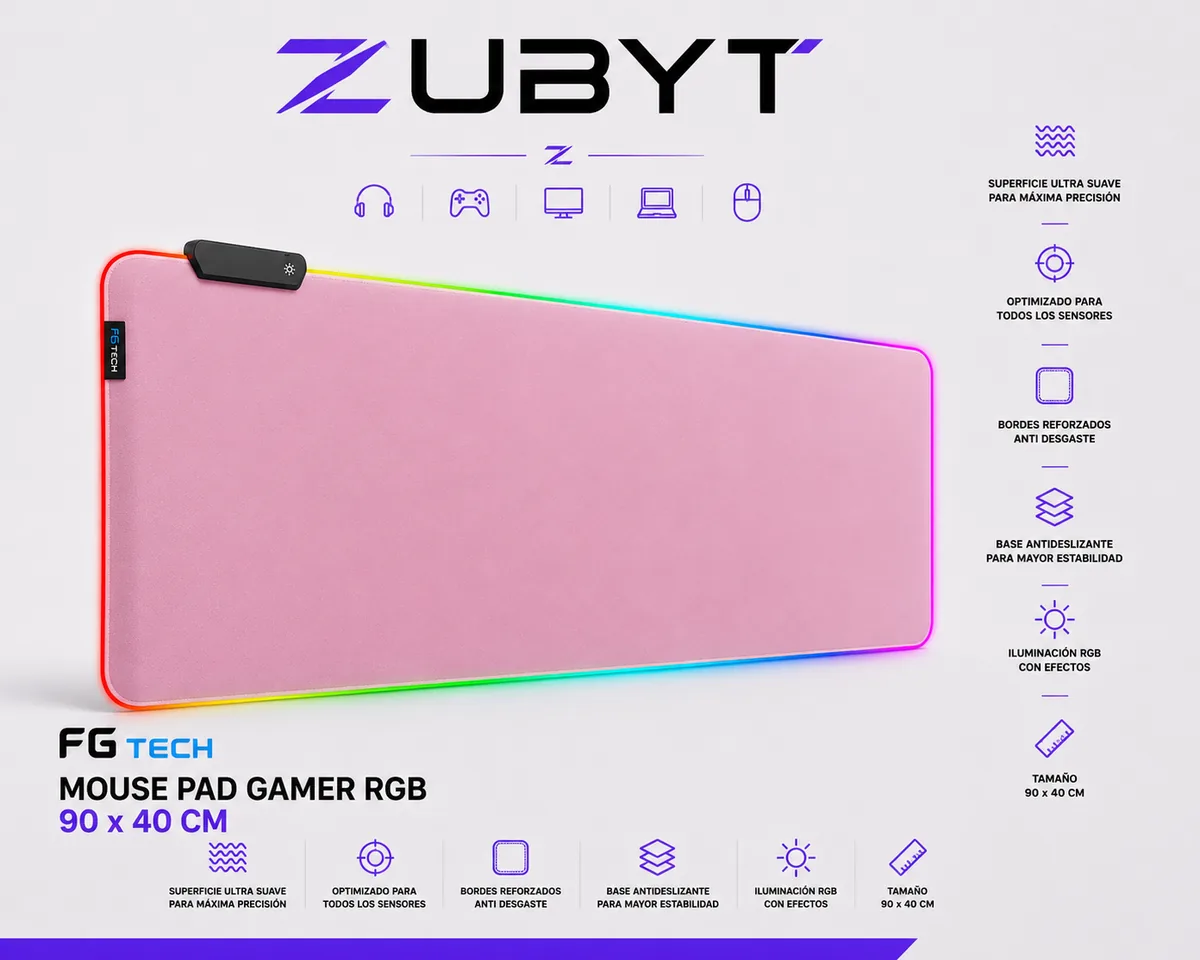 Mouse Pad Luz RGB Antideslizante 90x40 Cm Rosa