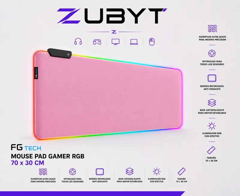 producto de Mouse Pad Con Luz RGB Antideslizante 70x30 Cm Rosa
