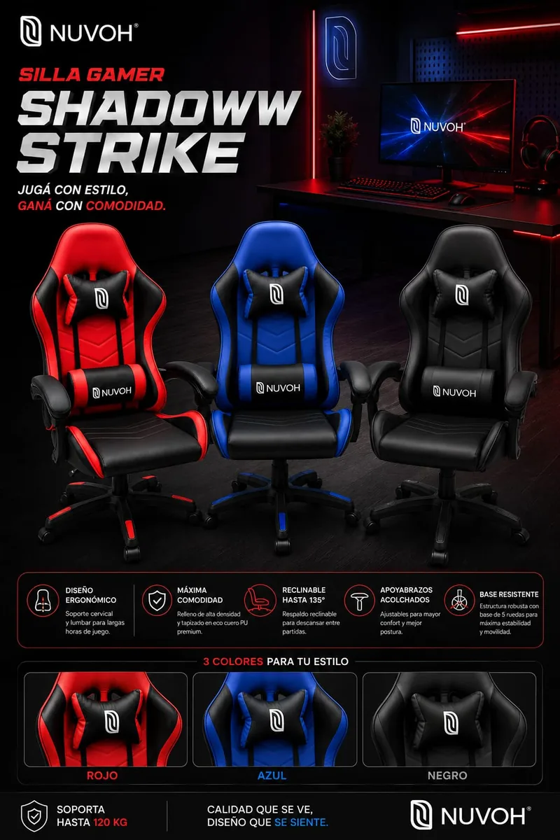 SILLA GAMER NUVOH SHADOWW STRIKE VARIOS COLORES — Tecnoelectro