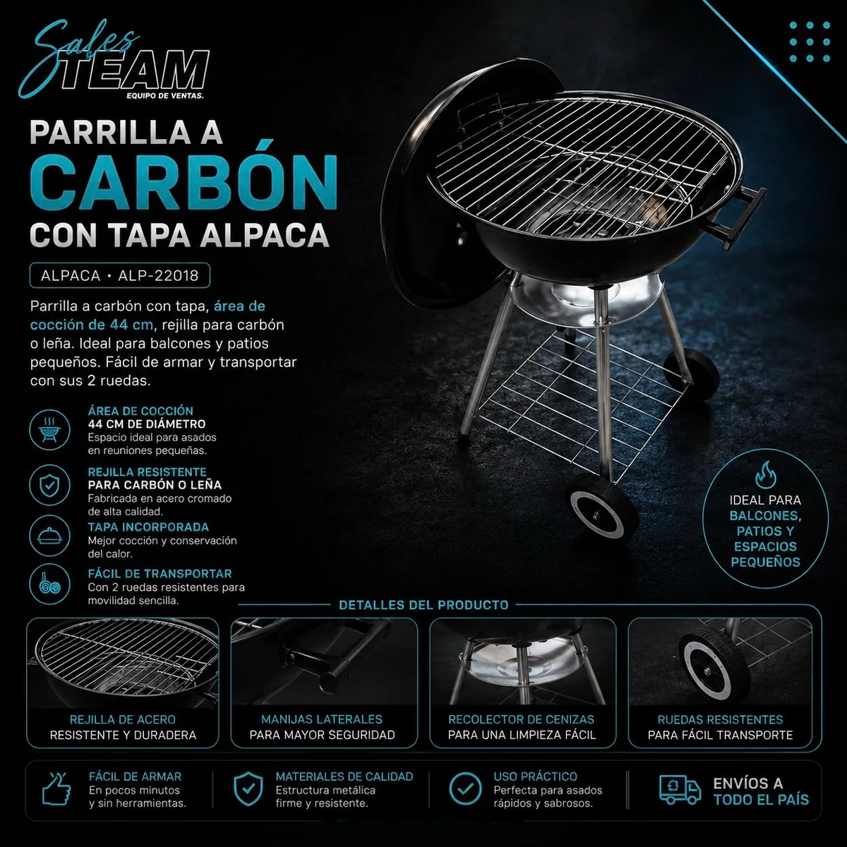 Parrilla a carbón con tapa alpaca — Sales Team Equipo de ventas