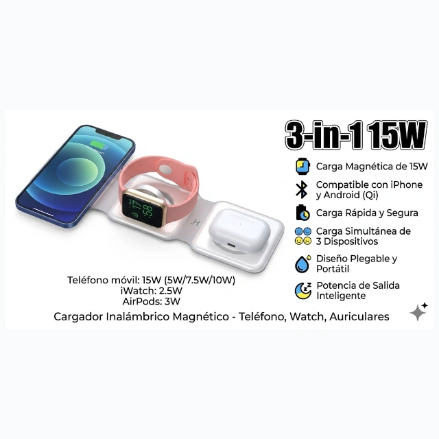 CARGADOR INALAMBRICO 3 EN 1 USB