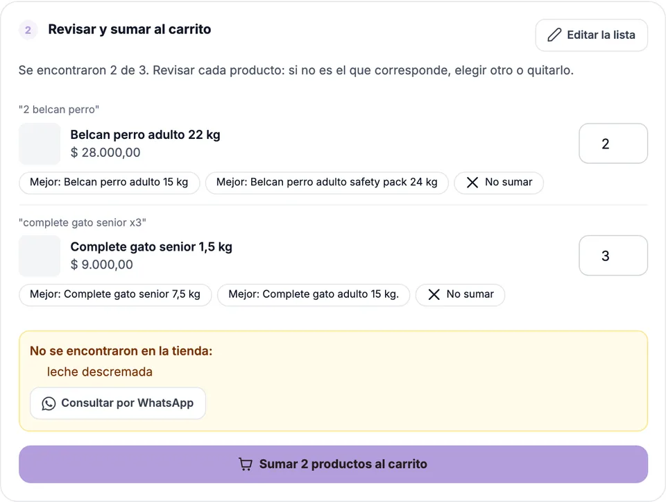Pedido por lista: así se ve en la tienda