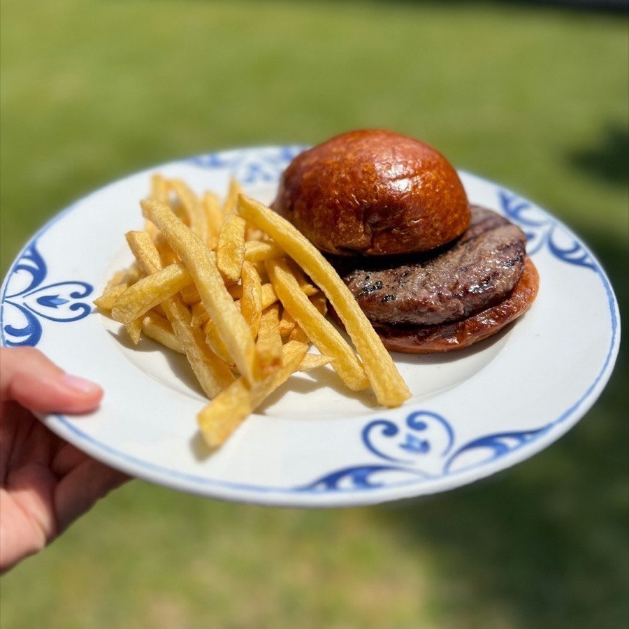 Plato con hamburguesa y papas fritas sostenido con la mano sobre el pasto, en una foto casera