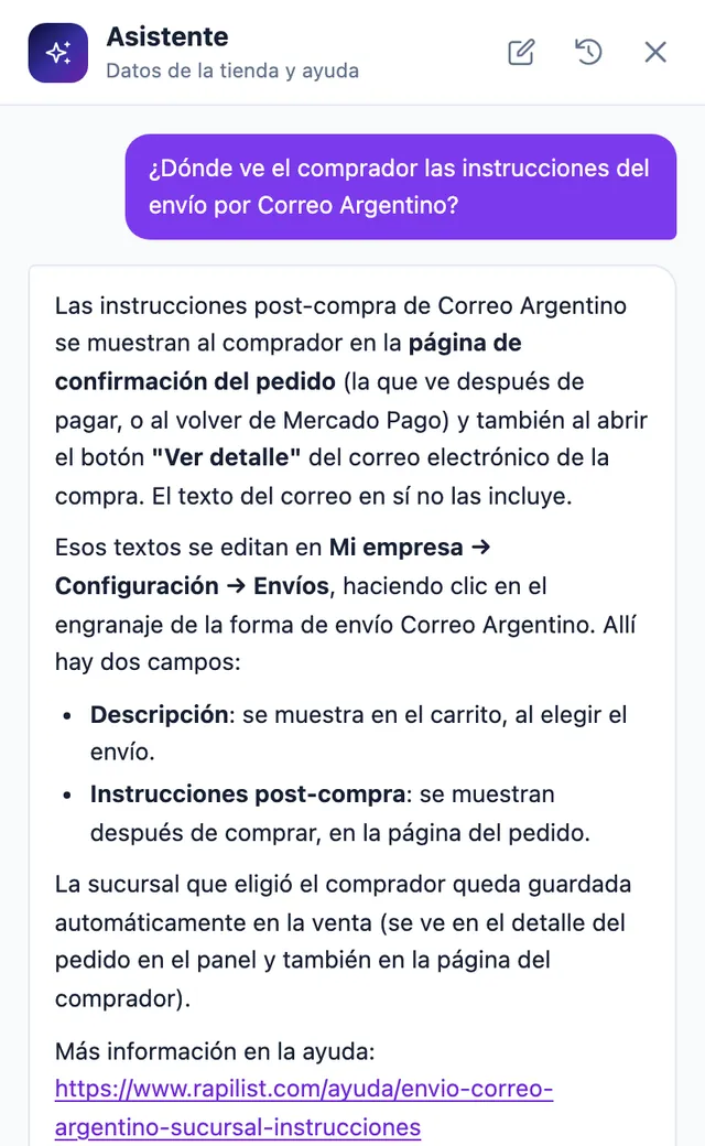 Respuesta del asistente a dónde ve el comprador las instrucciones del envío por Correo Argentino, dónde se editan esos textos y el enlace a la respuesta de la ayuda