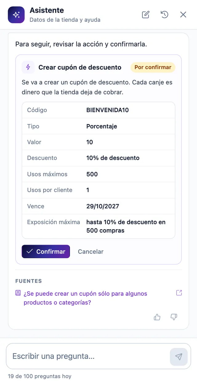 Acción por confirmar en el celular: crear el cupón BIENVENIDA10, con el código, el tipo, el valor y los usos, y los botones Confirmar y Cancelar