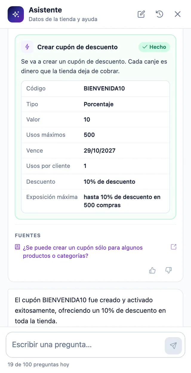 La misma acción marcada como hecha después de confirmar, con los datos del cupón creado