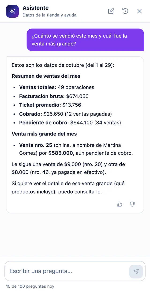 Respuesta del asistente en el celular: ventas del mes, facturación, ticket promedio, lo cobrado y lo pendiente, y la venta más grande