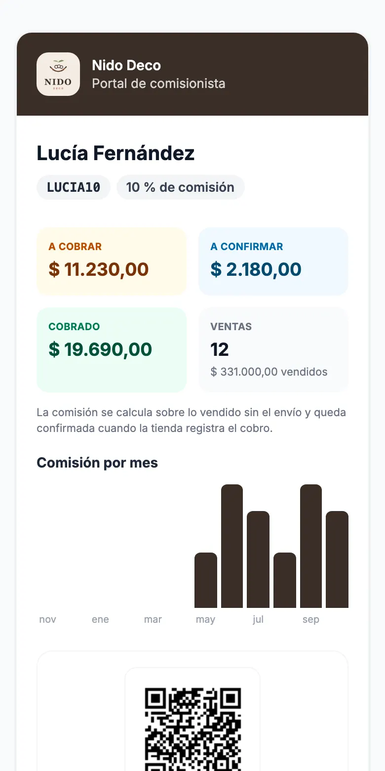 Portal del comisionista en el celular: comisión a cobrar, a confirmar y cobrada, y la lista de ventas
