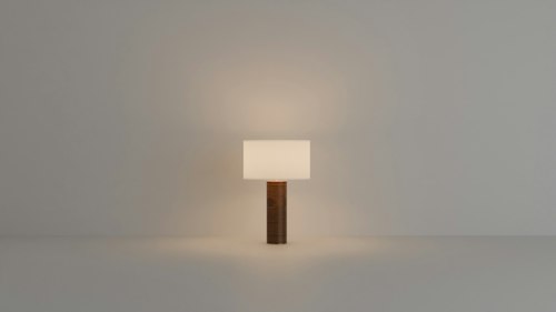 Lámpara de mesa con base de madera encendida