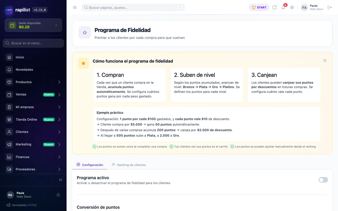 Programa de fidelidad en el panel: los clientes suman puntos con cada compra, suben de nivel y los canjean por descuentos