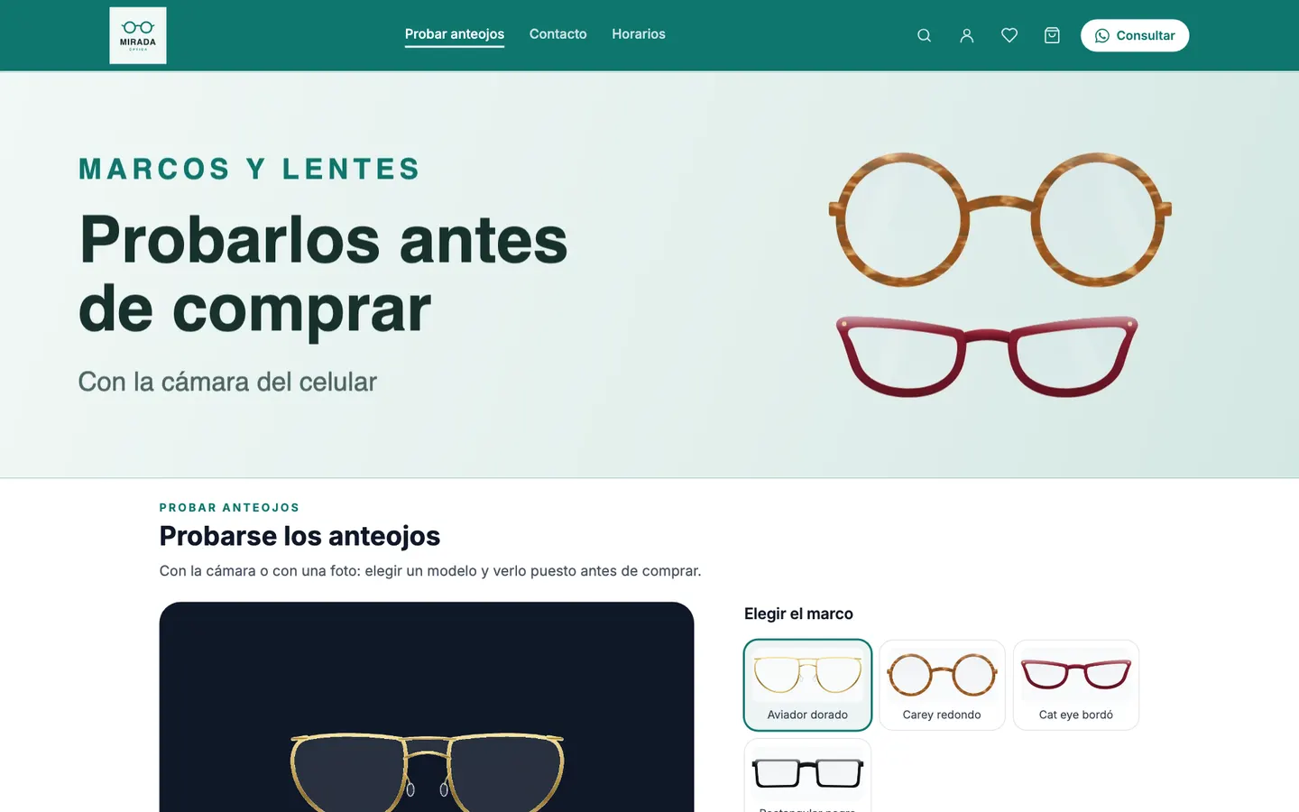 Inicio de Óptica Mirada, tienda de ejemplo armada con rapilist