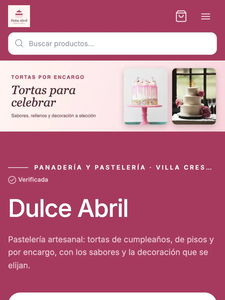 Tienda de ejemplo de una pastelería vista en el celular: encabezado, menú y banner de tortas