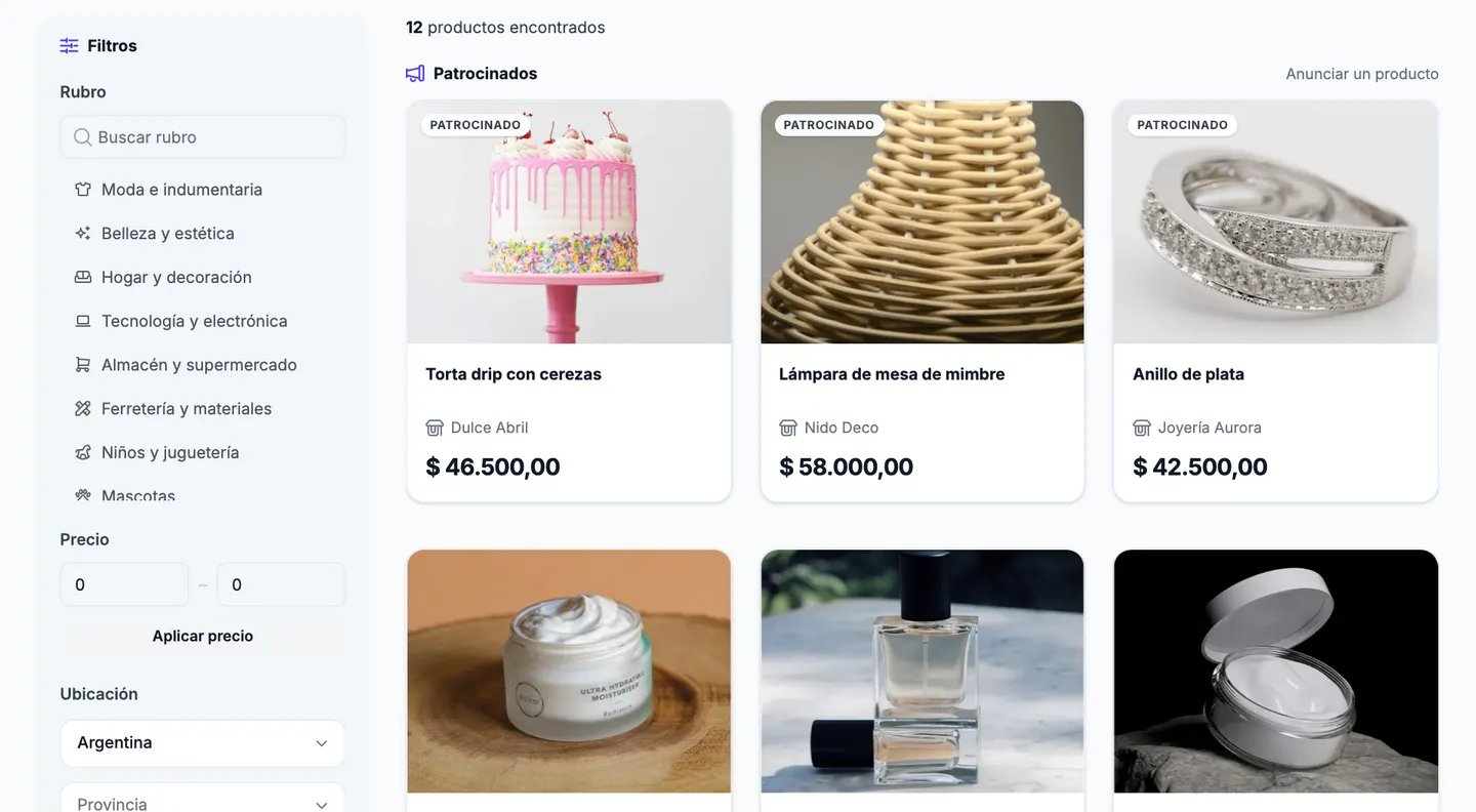 Marketplace de rapilist con la fila de productos patrocinados arriba de los resultados