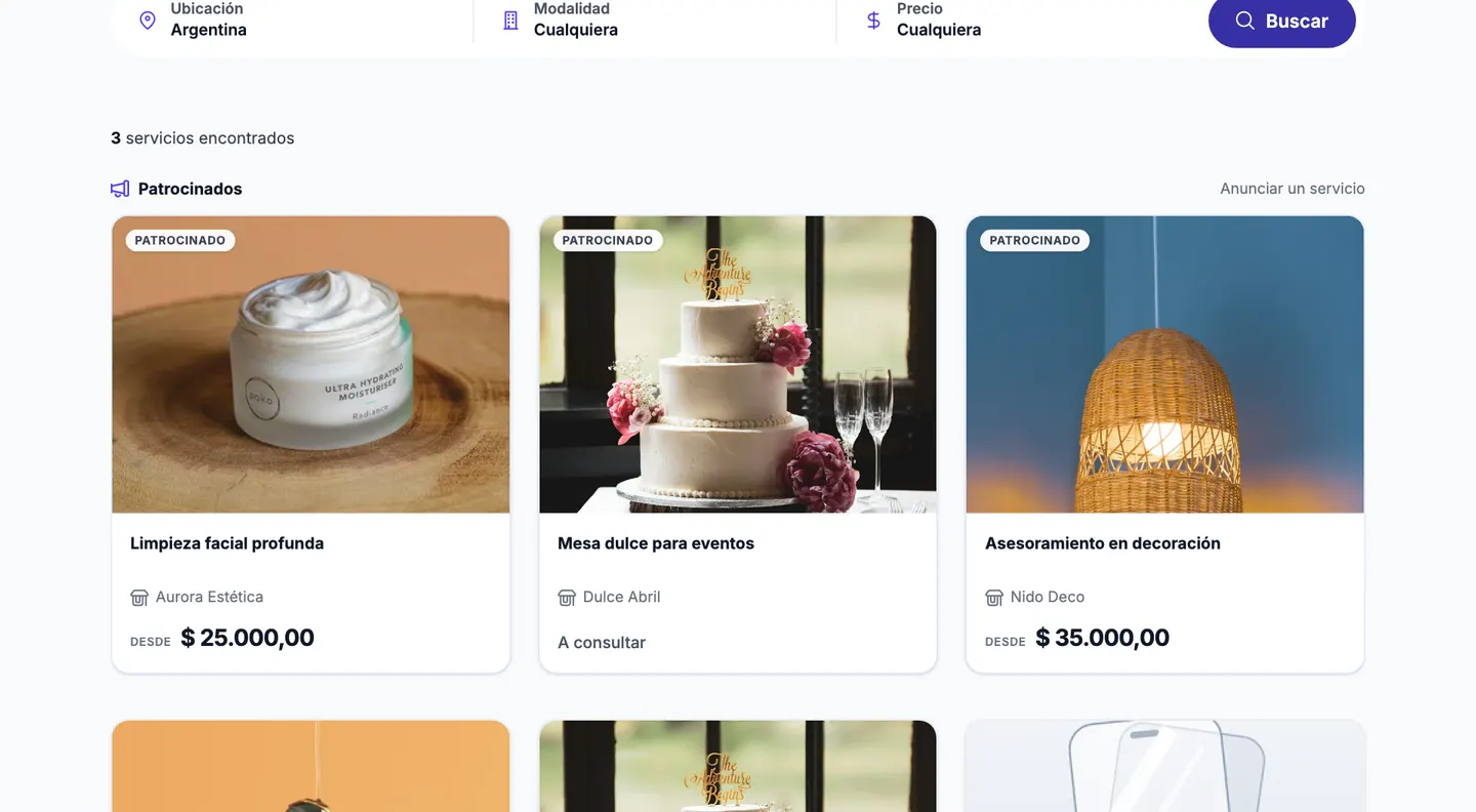 Marketplace de servicios de rapilist con la fila de servicios patrocinados arriba de los resultados