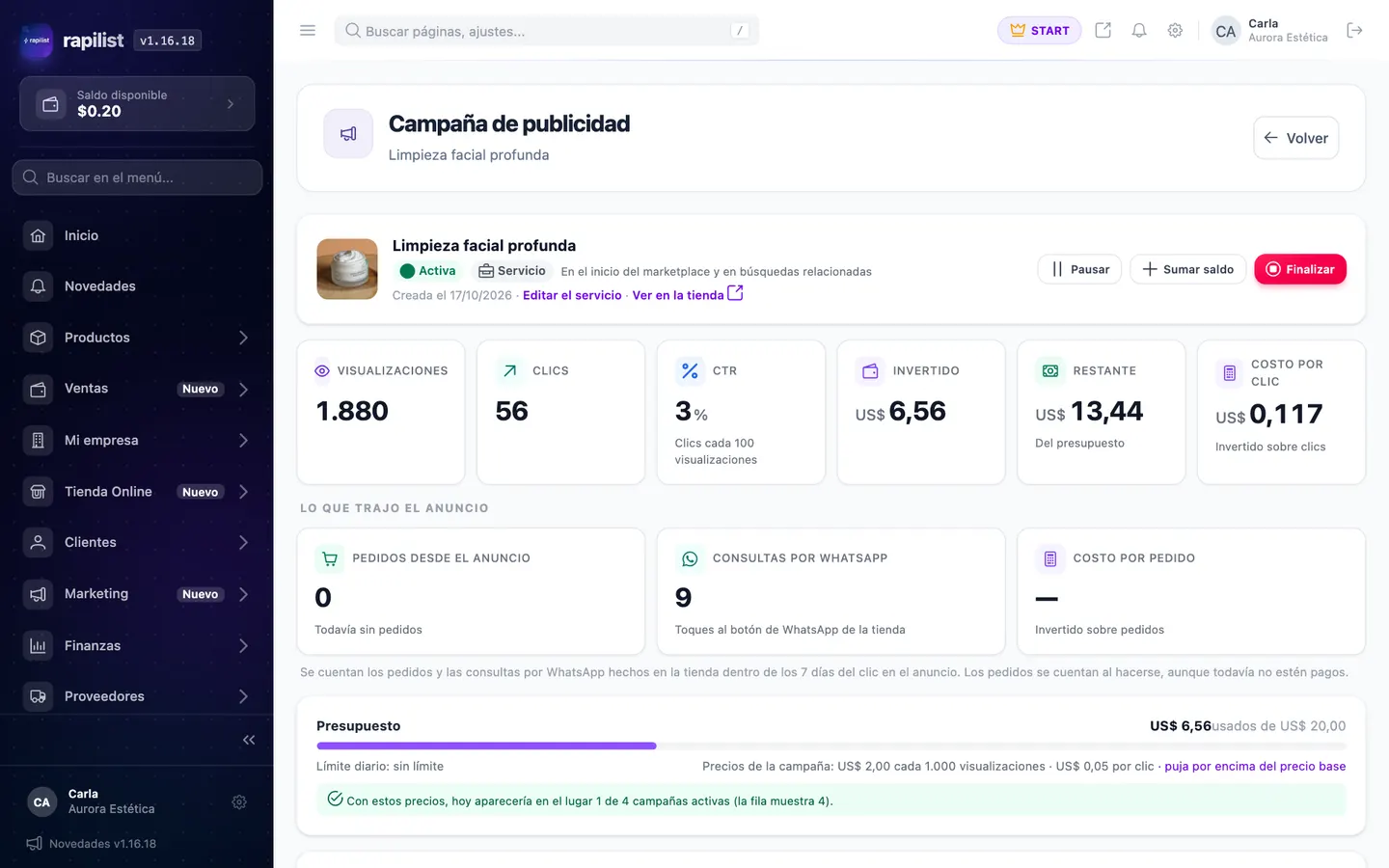 Detalle de una campaña de servicio en el panel: visualizaciones, clics, consultas por WhatsApp y gasto por día