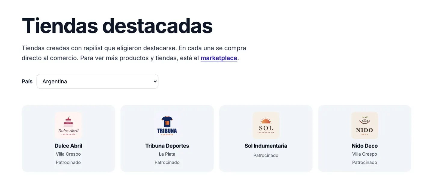 Página de tiendas destacadas de rapilist, con el logo, el nombre y la ciudad de cada tienda