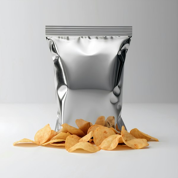 Bolsa metalizada de papas fritas con papas sueltas delante