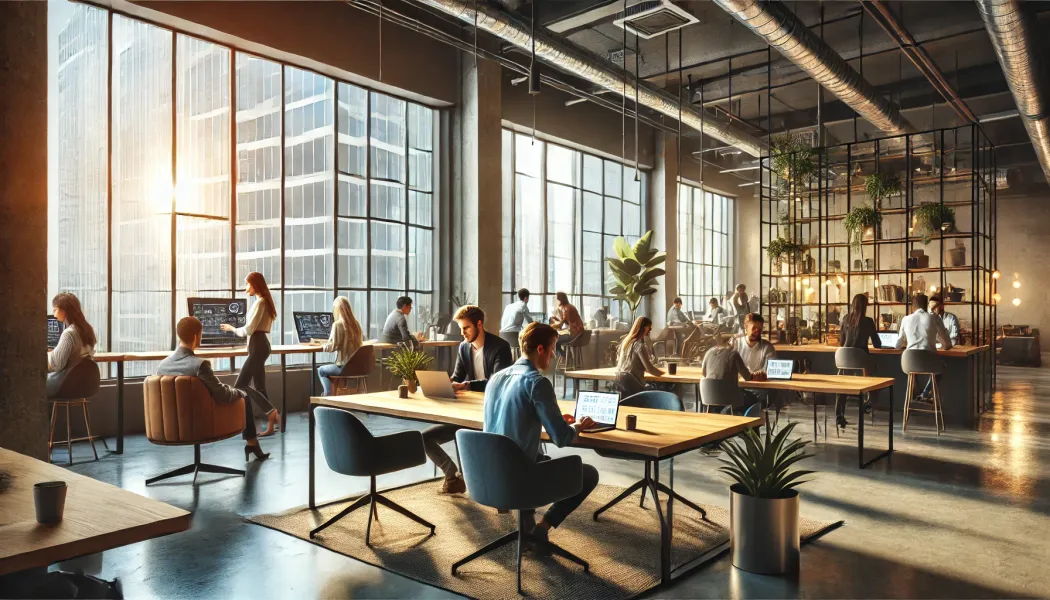DALL·E 2024-12-17 21.48.42 - A modern coworking space with people working on laptops and collaborating in small groups. The space features large windows with natural light, sleek .webp